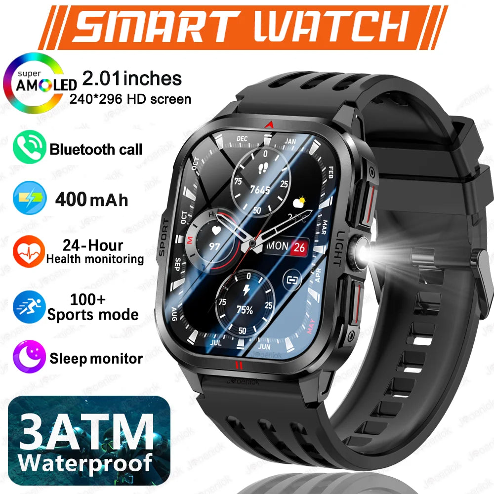 Outdoor Smart Watch Men 2.01"HD 240*296 Screen 3ATM Waterproof Flashlight 400mAh Battery Outdoor Sport BT Call Smartwatch New
