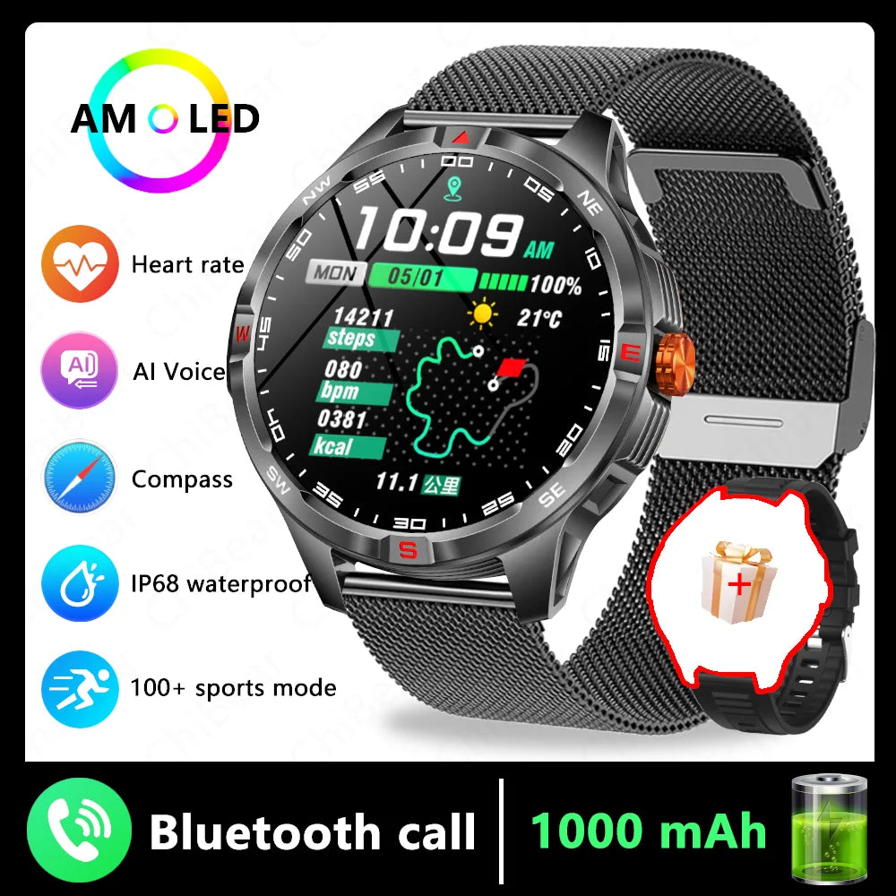 1000mAh Battery Military Smart Watch Men 5ATM Waterproof GPS Compass BT Call AMOLED HD Sports Android IOS Smartwatch 2026 New